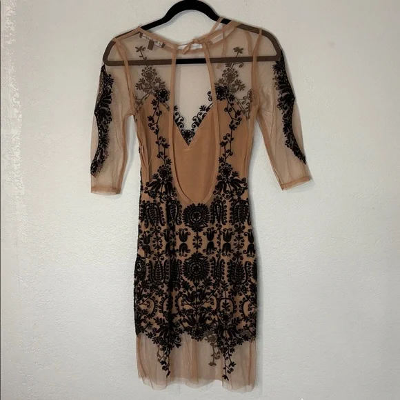 For Love & Lemons Bodycon Dress Tan Mesh Black Lace S - Picture 5 of 7